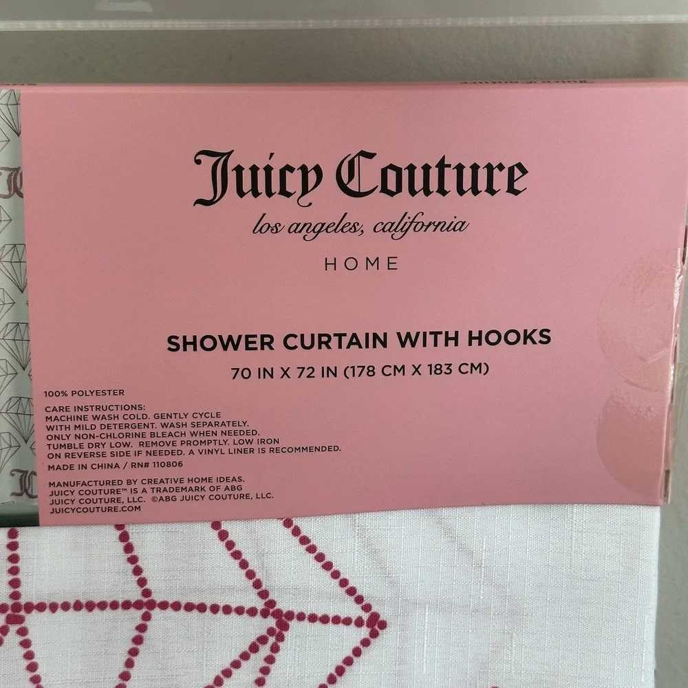New Juicy Couture White Pink Diamonds JC Fabric Shower Curtain Hooks Set 70x72